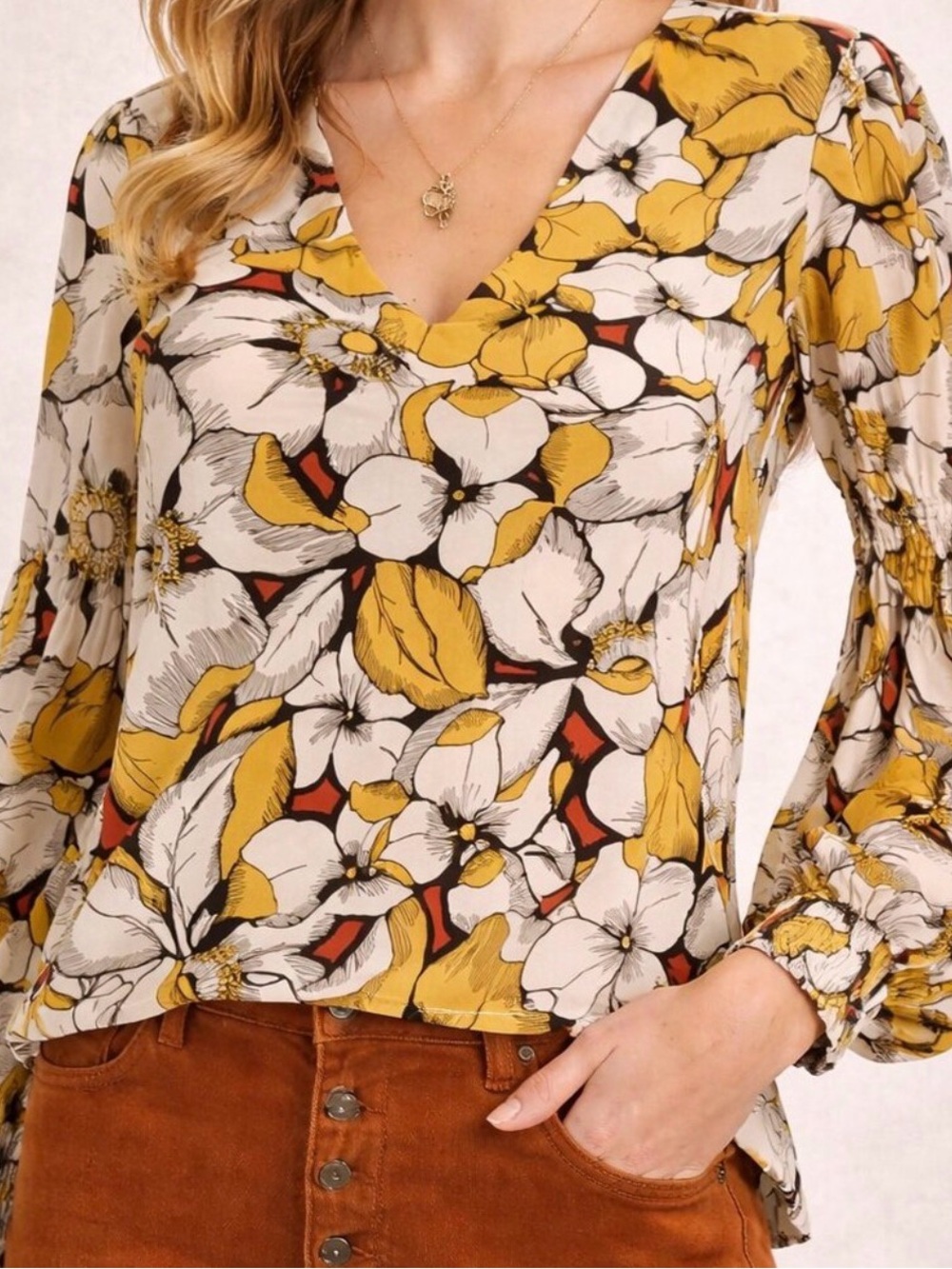 CAbi Yellow & White Floral V-Neck Blouse